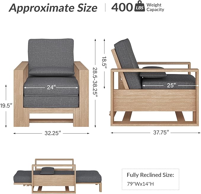 HULALA HOME Outdoor Chaise Lounges Set of 2, Solid Wood Patio Lounge Chairs with Lumbar Pillow - Photo 2