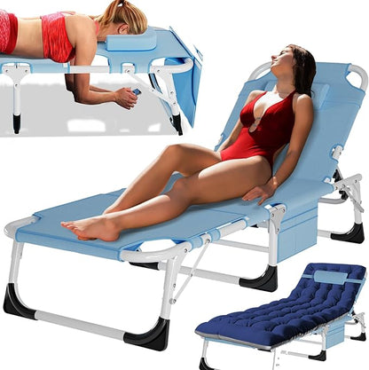 MOPHOTO Beach Lounge Chair, 5-Position Adjustable Tanning Chair with Face Hole, Heavy Duty Folding Chaise Lounge for Beach, Pool, Patio & Sunbathing