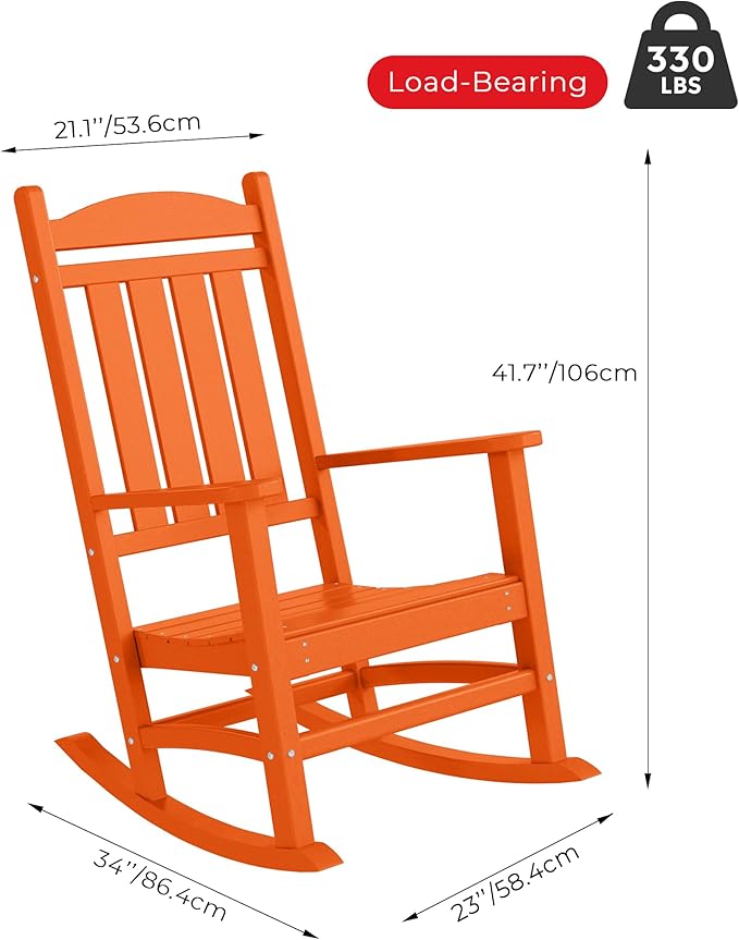 Costaelm Oversized Outdoor Rocking Chair, High Back Porch Rocker Chair, HDPE All Weather Resistant Outdoor Seating Furniture Wide Rocker Chair for Patio, Lawn, Garden, Orange