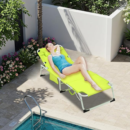 XMT 3-in-1 Tanning Chair with Face Hole for Outside, 5-Position Reclining & Head Cushion – Portable Folding Beach Lounge Chairs for Pool, Lawn, Yard (Green)