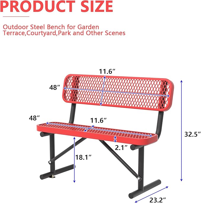 Park Benches for Outside - 48" Outdoor Metal Street Bench Heavy-Duty Steel Weatherproof Portable Garden Bench, Commercial Benches for Patio, Soccer, Park, Shopping Malls, Decks, Sports