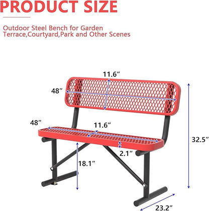 48" Metal Park Benches for Outside - Red Outdoor Benches Heavy Duty Garden Weatherproof Bench with Backrest, Buddy Bench for Schools,Commercial Benches for Shopping Mall, Store, Yard, Patio