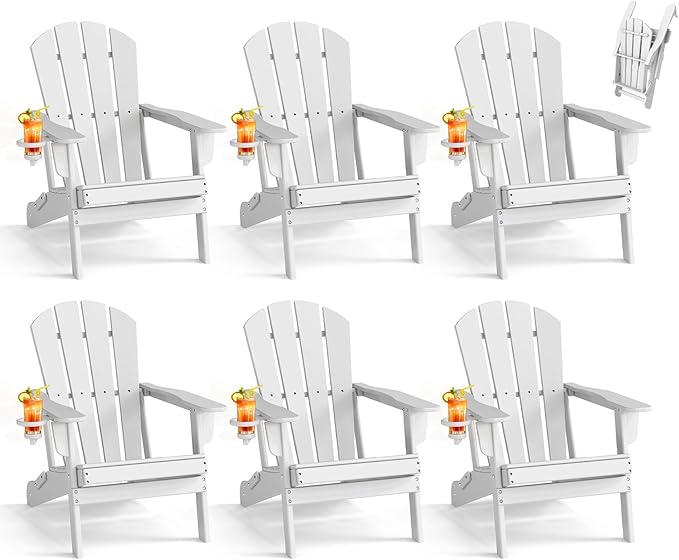 BRIOPAWS Folding-Adirondack-Chairs Set of 6 | HDPE Plastic | Fire Pit Chair | Cup Holder | Curved Back | All Weather | for Outdoor Backyard Deck Patio | White
