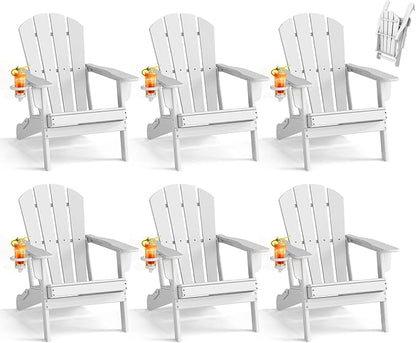 BRIOPAWS Folding-Adirondack-Chairs Set of 6 | HDPE Plastic | Fire Pit Chair | Cup Holder | Curved Back | All Weather | for Outdoor Backyard Deck Patio | White