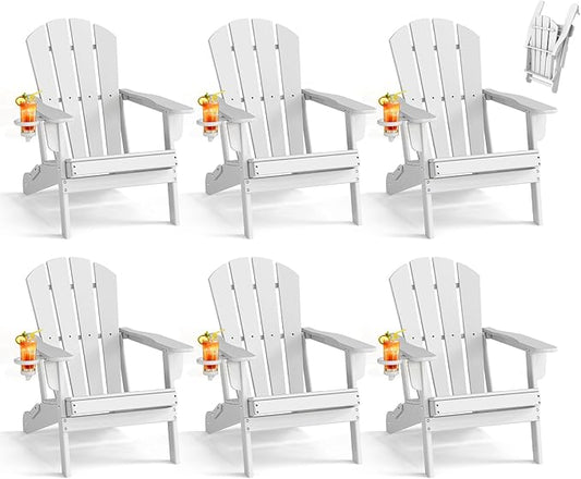 BRIOPAWS Folding-Adirondack-Chairs Set of 6 | HDPE Plastic | Fire Pit Chair | Cup Holder | Curved Back | All Weather | for Outdoor Backyard Deck Patio | White