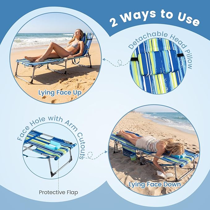 Goplus Tanning Chair with Face Arm Holes, Portable Sunbathing Chair w/4-Level Backrest, Head Pillow - Photo 6