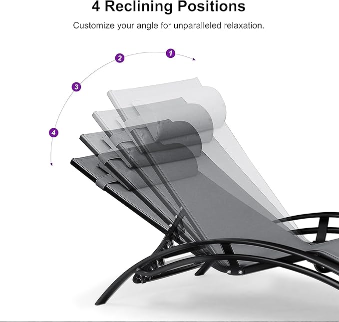PURPLE LEAF Patio Chaise Lounge Set of 3 Outdoor Lounge Chair Beach Pool Sunbathing Lawn Lounger Recliner Chiar Outside Tanning Chairs with Arm for All Weather, Side Table Included, Grey