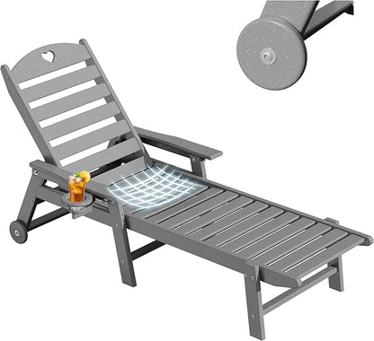 Aokia Pool Lounge Chairs,Chaise Lounge Chair Outdoor with Wheels & Cupholder | Oversize HDPE 6-Position Outdoor Chairs for Patio, Lawn, Garden, Poolside (Grey)