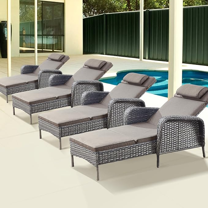 Belord Outdoor Chaise Lounge Patio Recliner - 75 Inch Adjustable Wicker Chaise Lounge with Soft Pillow Removable Cushions, All Weather Rattan Pool Lounge Chair for Poolside Deck Grey/Grey