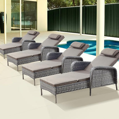 Belord Outdoor Chaise Lounge Patio Recliner - 75 Inch Adjustable Wicker Chaise Lounge with Soft Pillow Removable Cushions, All Weather Rattan Pool Lounge Chair for Poolside Deck Grey/Grey