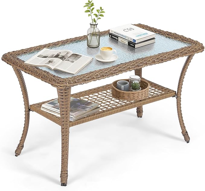 VIVIJASON Outdoor Wicker Coffee Table, All-Weather Rattan Patio Coffee Table with 2-Tier Storage, Tempered Glass Top Rectangle Center Table for Deck, Garden, Balcony, Porch, Indoor or Outdoor Use