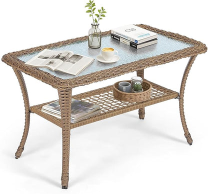 VIVIJASON Outdoor Wicker Coffee Table, All-Weather Rattan Patio Coffee Table with 2-Tier Storage, Tempered Glass Top Rectangle Center Table for Deck, Garden, Balcony, Porch, Indoor or Outdoor Use