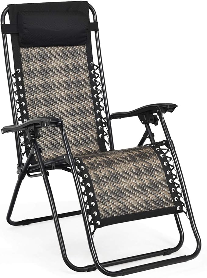 Tangkula Patio Rattan Zero Gravity Lounge Chair, Outdoor Folding Lounge Chair w/Removable Head Pillow, Adjustable Lounge with Widened Armrest & Locking System for Balcony Yard Poolside (1, Gray)
