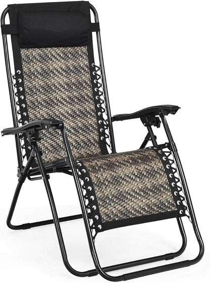 Tangkula Patio Rattan Zero Gravity Lounge Chair, Outdoor Folding Lounge Chair w/Removable Head Pillow, Adjustable Lounge with Widened Armrest & Locking System for Balcony Yard Poolside (1, Gray)