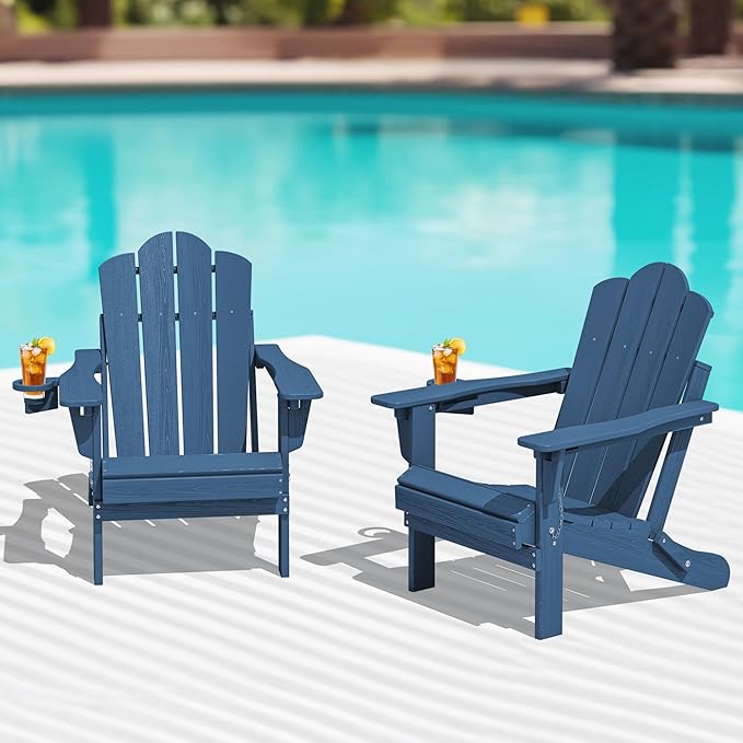 KINGYES Folding Adjustable Adirondack Chairs Set of 2, HDPE All Weather Use Reclining Adirondack Chair, Outdoor Adirondack Chair - Blue