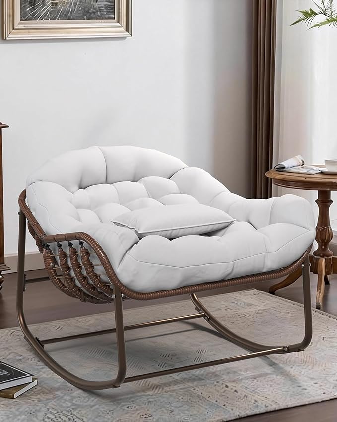 GarveeLife Outdoor Papasan Rocking Chair, Oversized Wicker Lounge Chair with Cushion and Metal Frame, Patio Rattan Egg Rocker for Balcony Backyard Porch Bedroom, White