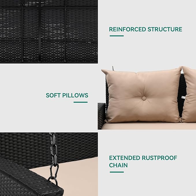 YITAHOME Wicker Hanging Porch Swing Chair 2-Seats Outdoor Black Rattan Patio Swing Lounge w/ 2 Back Cushions Capacity - Photo 7