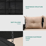 YITAHOME Wicker Hanging Porch Swing Chair 2-Seats Outdoor Black Rattan Patio Swing Lounge w/ 2 Back Cushions Capacity - Photo 7