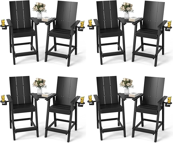 FOOWIN Tall Adirondack Chairs Set of 8,HDPE Adirondack Bar Stools with Connecting Tray & Cup Holders,Weather Resistant Balcony Chair for Outdoor Deck Lawn Pool Backyard Black