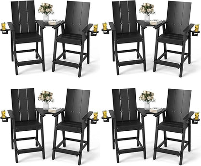 FOOWIN Tall Adirondack Chairs Set of 8,HDPE Adirondack Bar Stools with Connecting Tray & Cup Holders,Weather Resistant Balcony Chair for Outdoor Deck Lawn Pool Backyard Black