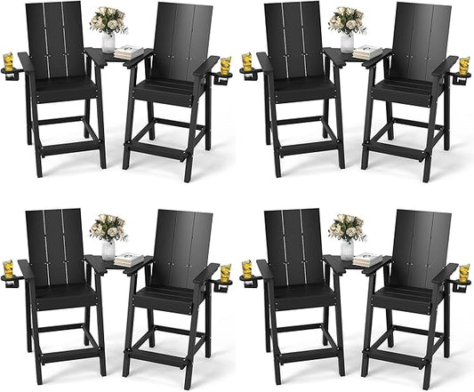FOOWIN Tall Adirondack Chairs Set of 8,HDPE Adirondack Bar Stools with Connecting Tray & Cup Holders,Weather Resistant Balcony Chair for Outdoor Deck Lawn Pool Backyard Black