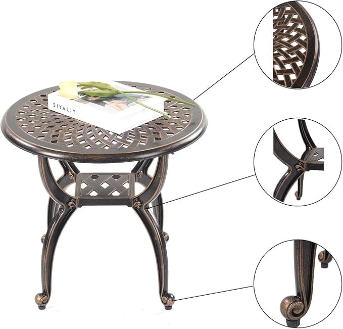 Mandolin Outdoor Patio,Rust -Resistant Cast Aluminum Side Table,Weather Resistant End Table，Coffee Table， Perfect for Patio, Backyard Or Garden. (Aluminum Round, Copper)