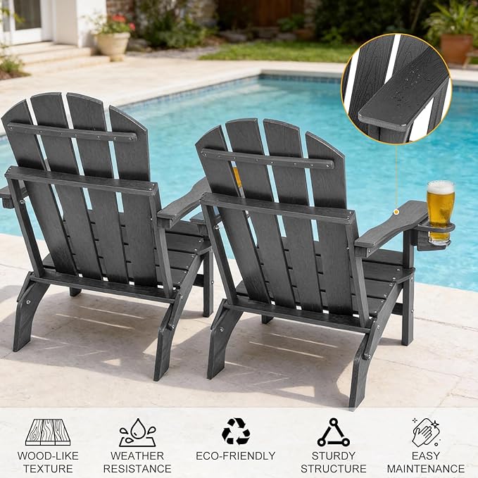 Folding Adirondack Chairs Set of 2, All Weather Stable Gun-Leg Design Fire Pit Chairs with Cupholder for Outside