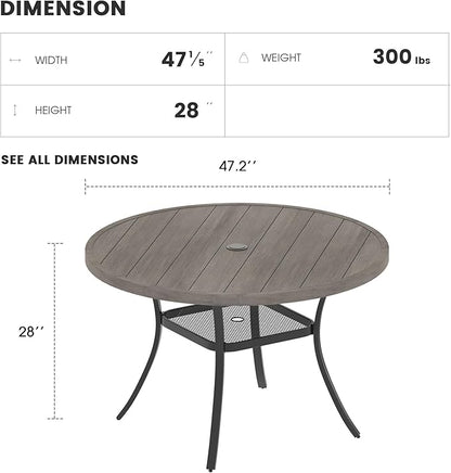 Patio Dining Table for 4-6, Round Metal Outdoor Table with 1.57" Umbrella Hole, 47" Outdoor Slat Tabletop Dining Table for Backyard, Porch, Lawn, Grey