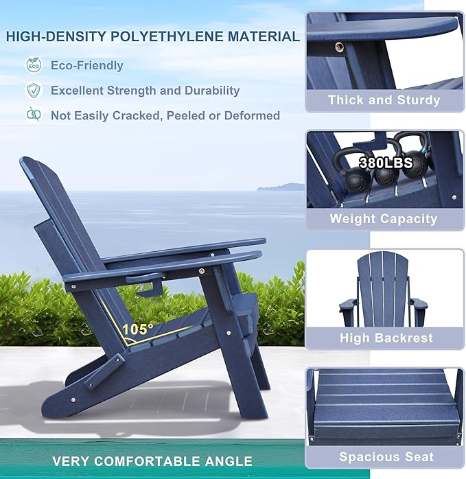 Skypatio 3 Pieces Folding Adirondack Chairs Set, Weather Resistant Adirondack Chairs Set of 2 with Cup Holder, 1 Side Table, 380 lbs Weight Capacity Portable Patio Fire Pit Chairs (Navy Blue)