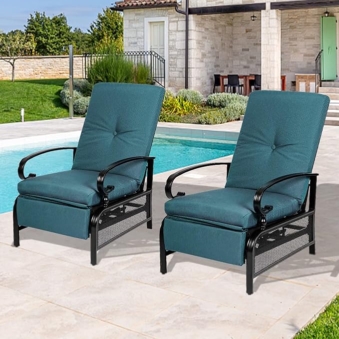Incbruce Outdoor Lounge Chair Set of 2 Patio Furniture Adjustable Recliner with Retractable Steel Frame and Removable Thick Cushions - Peacock Blue