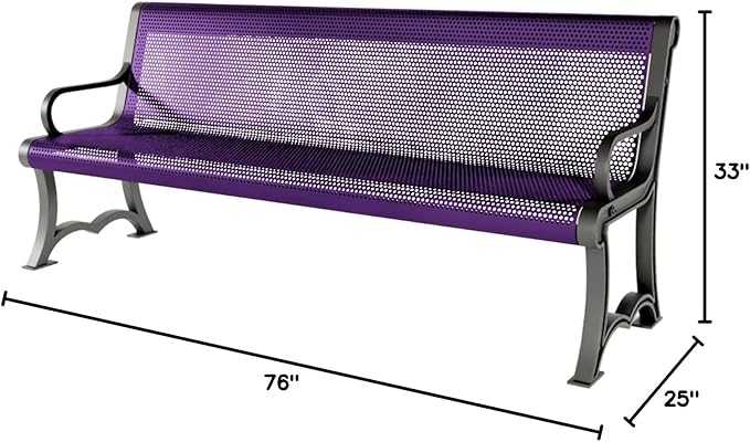 COATEDOUTDOORFURNITURE Heavy-Duty Outdoor Bench Thermoplastic Coated, Punched Steel, Commercial-Grade Garden Bench, Made in America (Portable with Back, 6 Ft, Textured Purple)