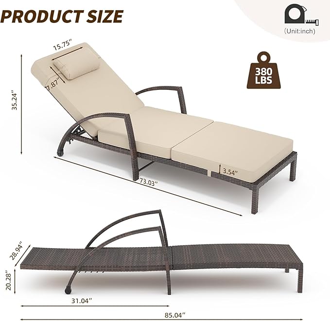 2 Pieces Pool Chaise Lounge Chairs, All-Weather Outdoor Rattan Reclining Chair with Cushion - Photo 2