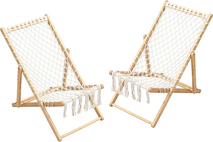 Set of 2 Boho Rope Folding Lounge Chairs – Adjustable Outdoor Macrame Patio Chairs with Bamboo Frame, Portable Deck Chairs for Garden, Porch, Beach, Poolside (Natural)