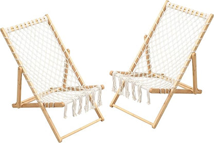 Set of 2 Boho Rope Folding Lounge Chairs – Adjustable Outdoor Macrame Patio Chairs with Bamboo Frame, Portable Deck Chairs for Garden, Porch, Beach, Poolside (Natural)