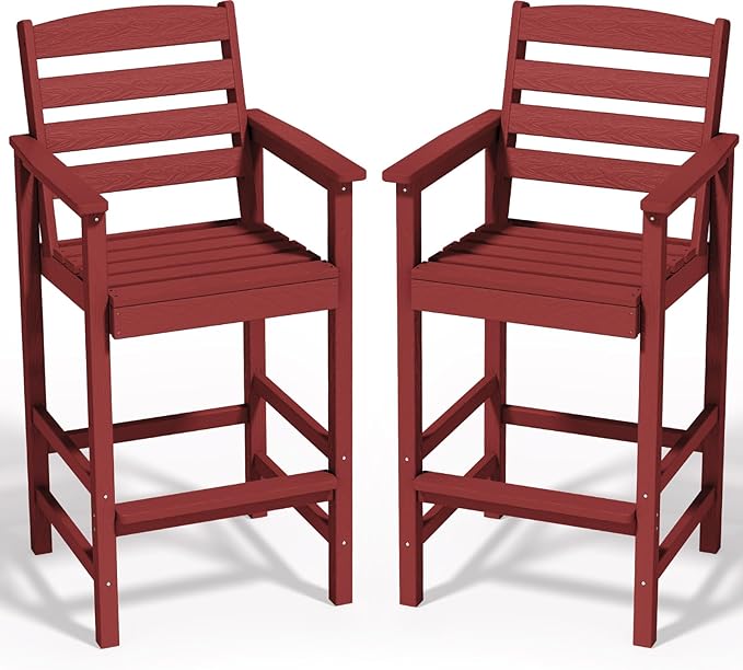 SERWALL Tall Adirondack Chairs Set of 2, Balcony Adirondack Chairs Set, Outdoor Bar Height Barstools Chair Set for Bistro, Poolside, Garden, Dark Red
