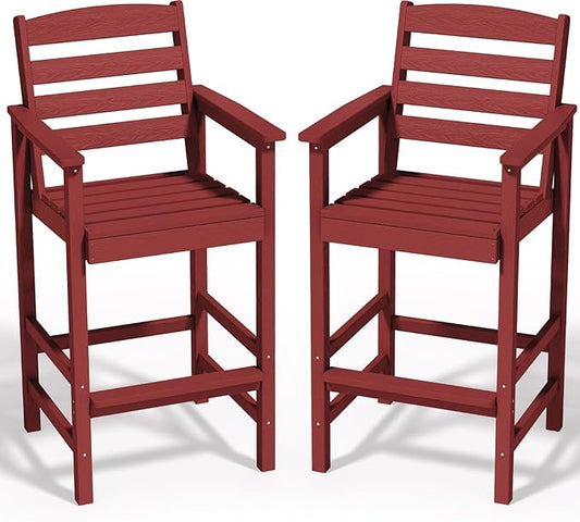 SERWALL Tall Adirondack Chairs Set of 2, Balcony Adirondack Chairs Set, Outdoor Bar Height Barstools Chair Set for Bistro, Poolside, Garden, Dark Red