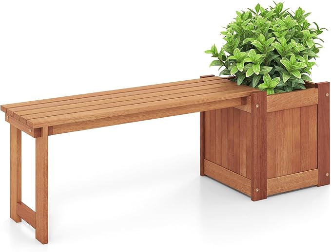 HAPPYGRILL Outdoor Bench with Raised Garden Bed, Wood Planter Box with Spacious Seat, Open-Ended Base for Herbs Fruits Vegetables, 2-in-1 Garden Bench for Yard Balcony