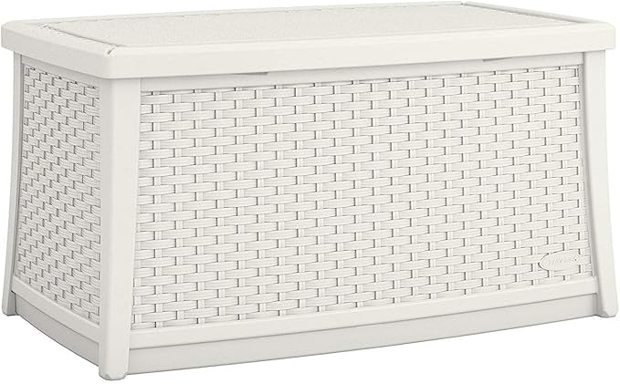Suncast Elements 30-Gallon End Table with Storage - Lightweight Resin Outdoor Storage Patio and Coffee Table for Cushions, Gardening Tools and Toys - Store Items on Patio - White, Made in the USA