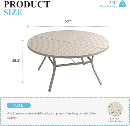 VICLLAX 50" Round Patio Table with Umbrella Hole, All Weather Metal Outdoor Dining Table for 6, Outside Table with Storage Shelf for Lawn Garden, Sandshell Color