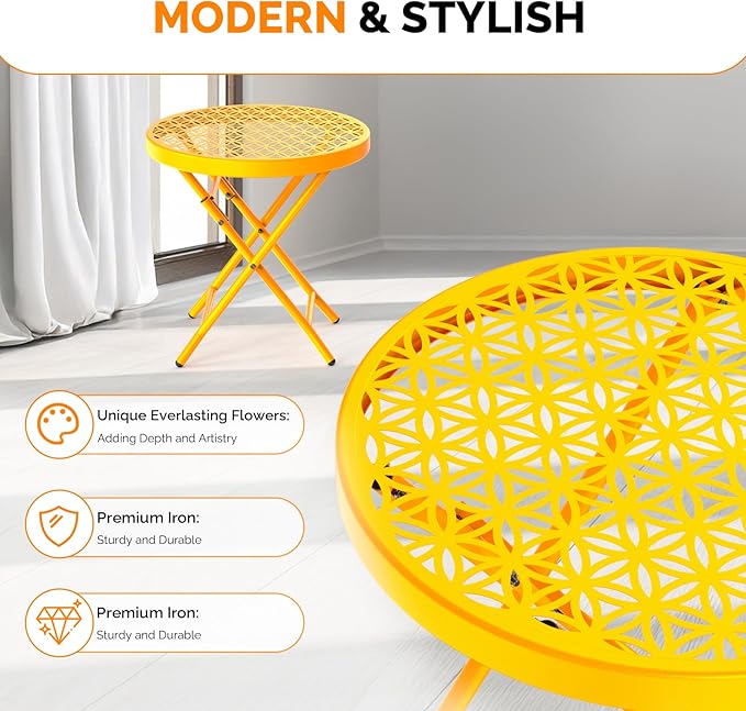 VINGLI Patio Folding Side Table, Small Outdoor Table with Everlasting Floral Pattern and Sturdy X-Shaped Metal Frame Ideal for Indoor & Outdoor Balcony, Porch, Backyard, Deck, Yellow, 1 Pack