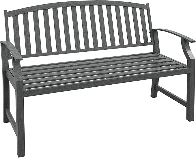 46" Outdoor Garden Bench, Metal Bench, Wood Look Slatted Frame Furniture for Patio, Park, Porch, Lawn, Yard, Deck, Gray