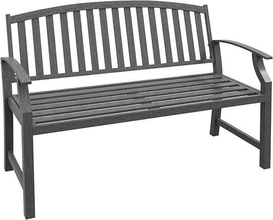 46" Outdoor Garden Bench, Metal Bench, Wood Look Slatted Frame Furniture for Patio, Park, Porch, Lawn, Yard, Deck, Gray
