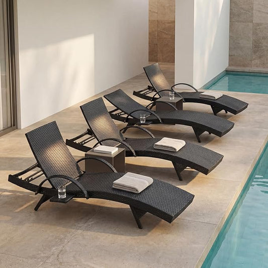 Set of 4 Black Outdoor Chaise Lounge Chairs, Wicker Patio Lounge Chairs with Adjustable Backrest and Armrests, Durable PE Rattan Pool Chair for Patio, Poolside and Garden