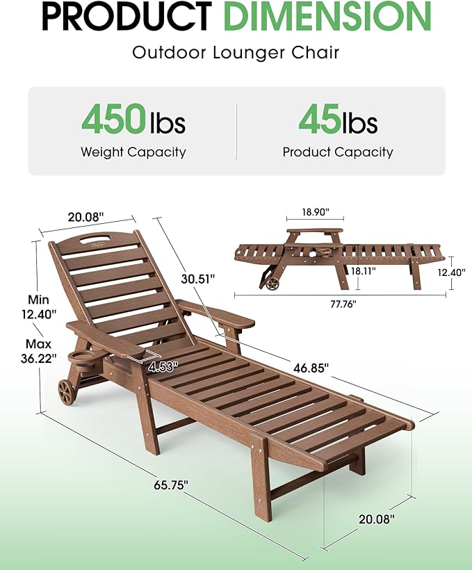Chaise Lounge Outdoor, Lounge Chair Outdoor with Wood Texture, Adjustable 5-Position Backrest, HDPE Lounge Chair with Wheels & Cup Holder for Pool Deck Backyard, Brown
