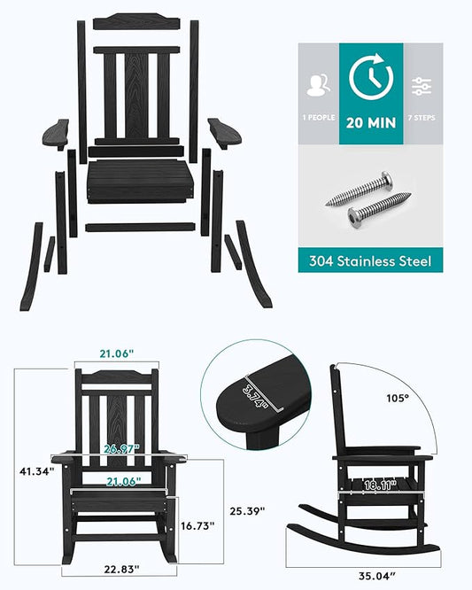 SERWALL HDPE Outdoor Rocking Chair for Adults, Outdoor Rocking Chairs Set of 6, Patio Rocking Chair Sets, Black