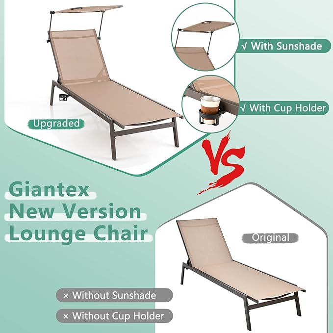 Giantex Outdoor Chaise Lounge Chair with Sunshade, 6 Adjustable Position, Sturdy Metal Frame, Cup Holder, Outside Tanning Chair for Poolside, Backyard Sunbathing (2, Brown)