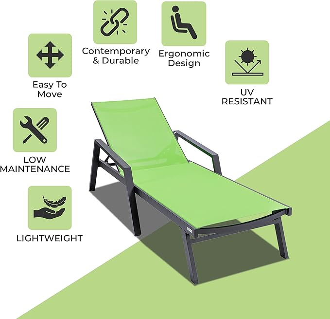 LeisureMod Marlin Patio Chaise Lounge Chair, Adjustable Outdoor Black Aluminum Lounge with Breathable Mesh Sling Back, Lightweight Poolside Reclining Sun Lounger Weather & UV Resistant (Green)