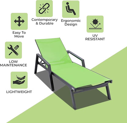 LeisureMod Marlin Patio Chaise Lounge Chair, Adjustable Outdoor Black Aluminum Lounge with Breathable Mesh Sling Back, Lightweight Poolside Reclining Sun Lounger Weather & UV Resistant (Green)
