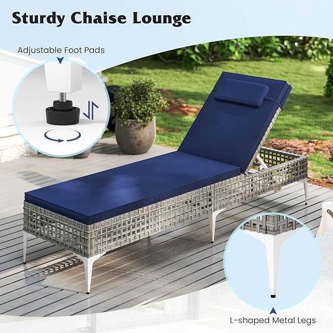 Tangkula Patio Chaise Lounge Chair, PE Wicker Reclining Sun Lounger with 6-Level Adjustable Backrest, Removable Cushion & Headrest, Outdoor Lounge Chair for Poolside, Deck, Backyard (2, Navy)