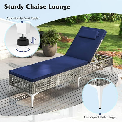 Tangkula Patio Chaise Lounge Chair, PE Wicker Reclining Sun Lounger with 6-Level Adjustable Backrest, Removable Cushion & Headrest, Outdoor Lounge Chair for Poolside, Deck, Backyard (2, Navy)
